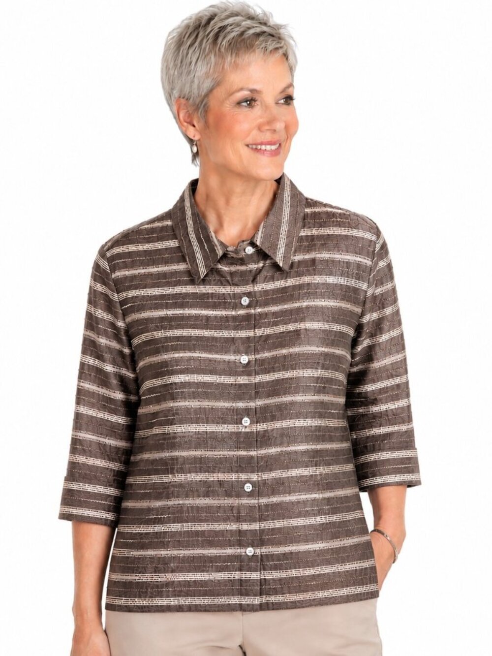 Alfred Dunner Tan Metallic Stripe Sheer Shirt